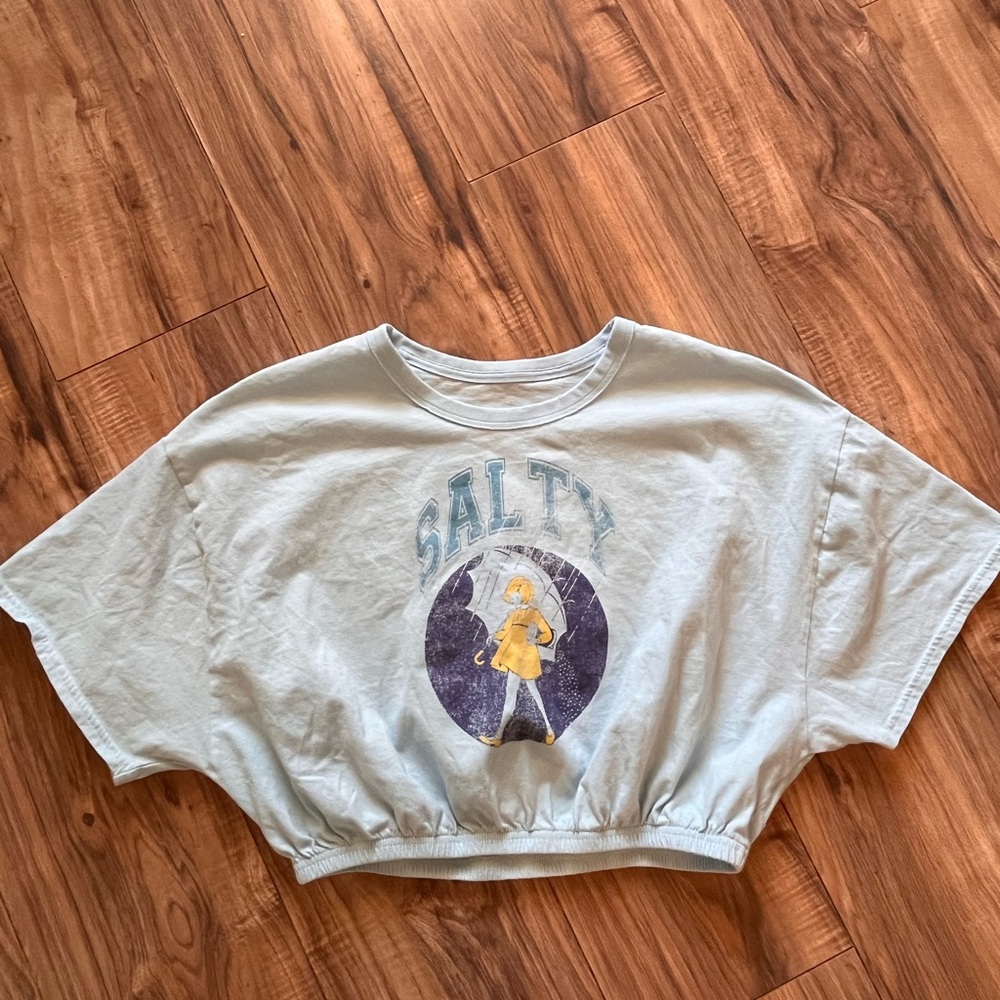 aerie Light Blue Graphic Cropped Tee with Yellow Accent